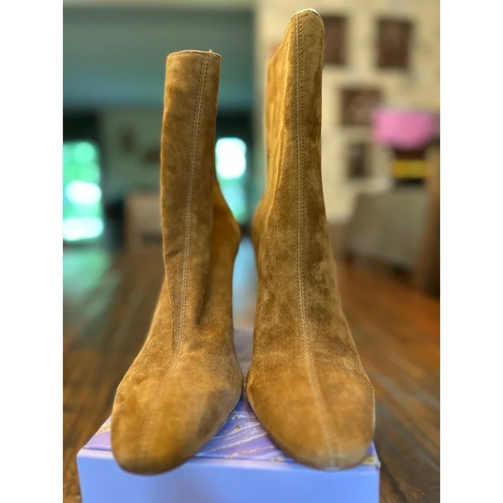 Steve‎ Madden Suede Ankle Boots Block Heel Back Zip Booties Tan Size 8.5M Fall